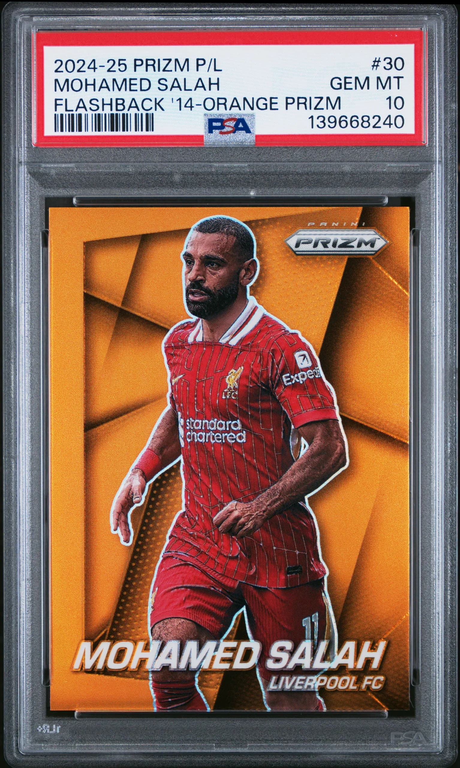 2024 #30 Mohamed Salah PSA 10 Orange Prizm Panini Prizm Premier League Prizm Flashback 2014 Soccer Panini Prizm Premier League Prizm Flashback 2014 #30 PSA 10