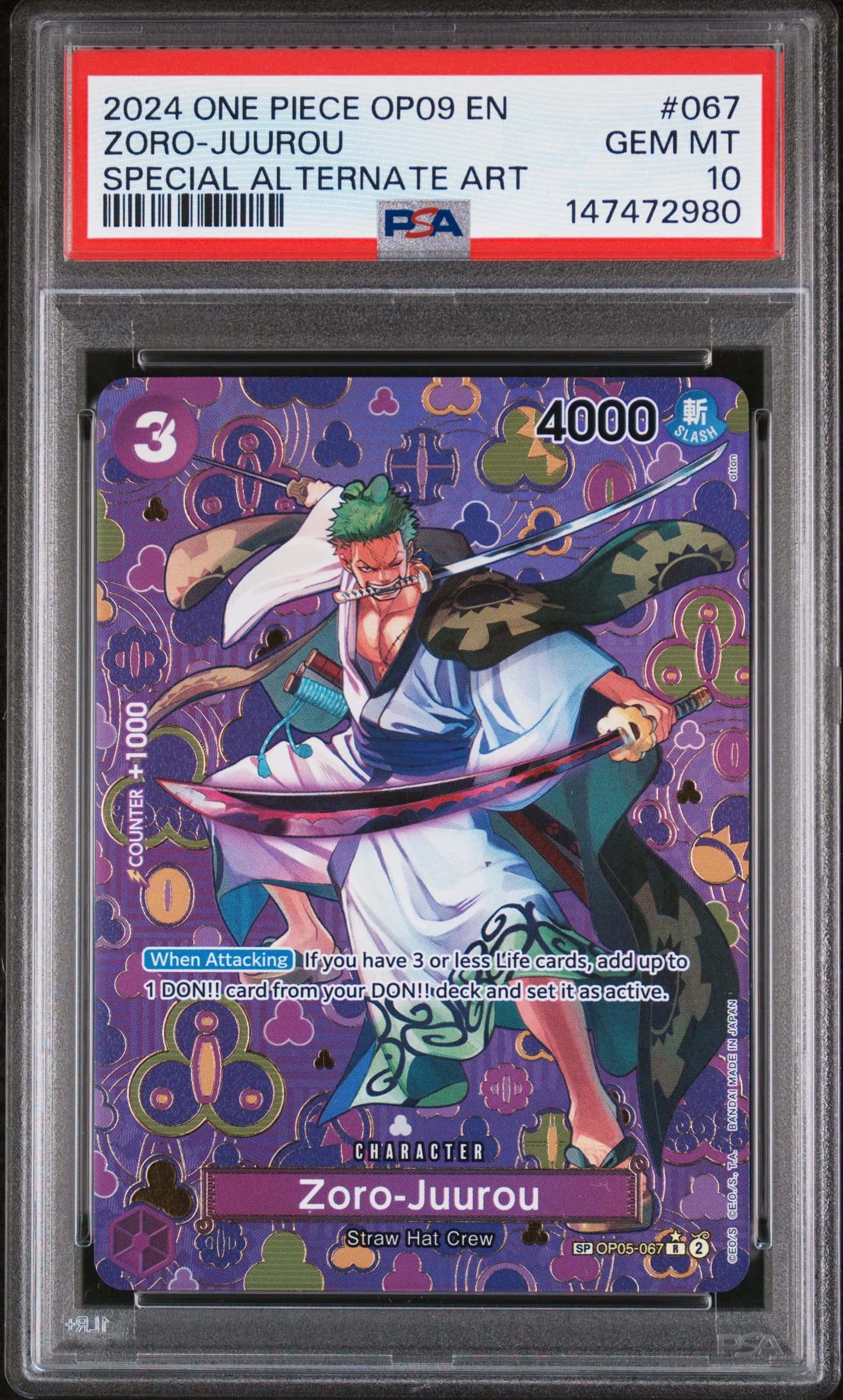 2024 #067 Zoro-Juurou PSA 10 One Piece OP09-Emperors in the New World One Piece OP09-Emperors in the New World #067 PSA 10